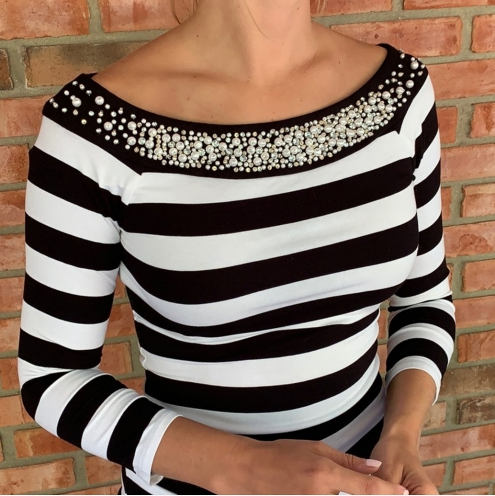 WHBM Pearl Rhinestone Striped Top - Picture 2 of 4